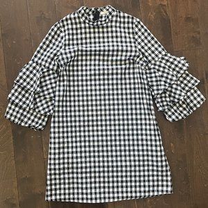 Black White Plaid Gingham Puff Sleeve Dress